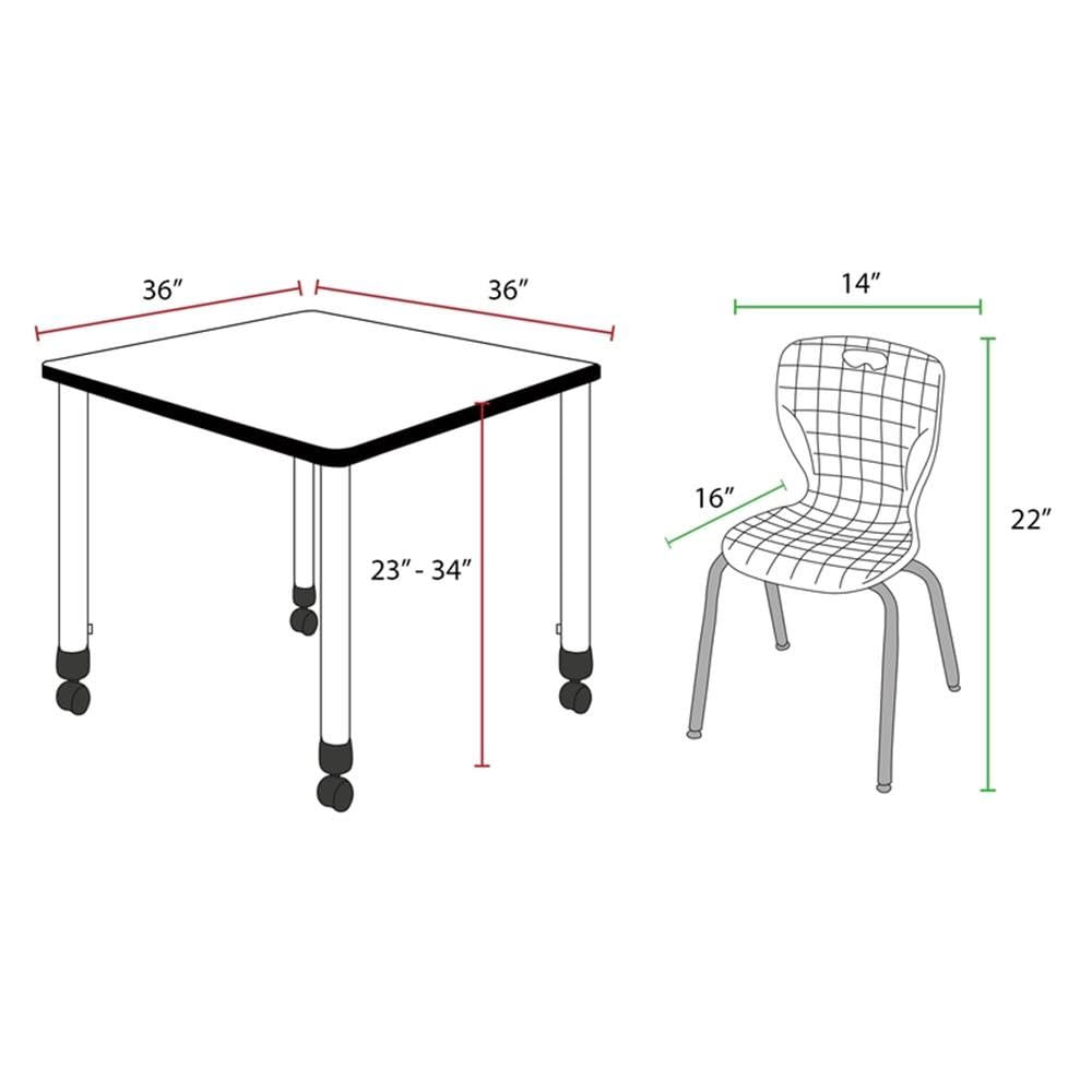 36" Square Mobile Table with 4 Navy Blue Stackable Chairs Z3016