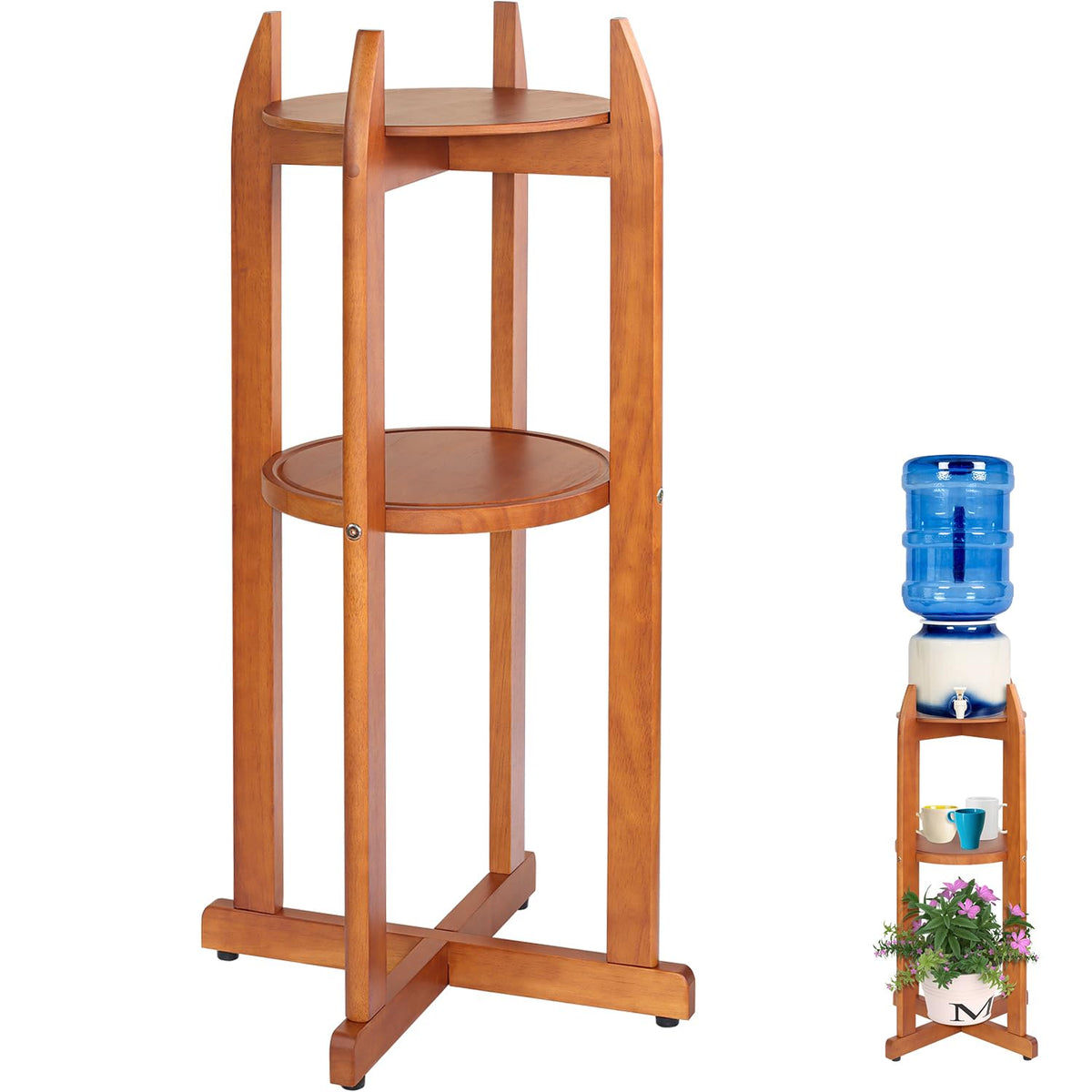 Solid Wood Water Dispenser Floor Stand with 2 Round Shelfs S398528