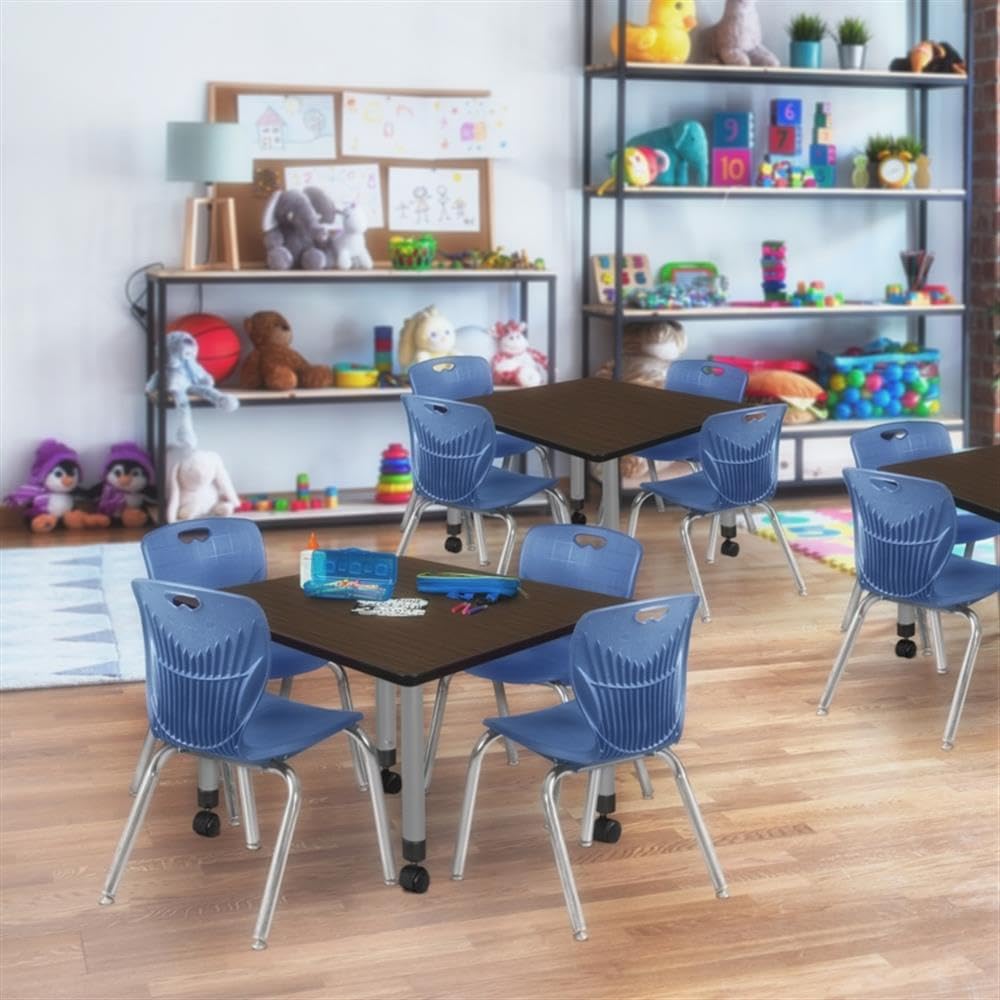 36" Square Mobile Table with 4 Navy Blue Stackable Chairs Z3016