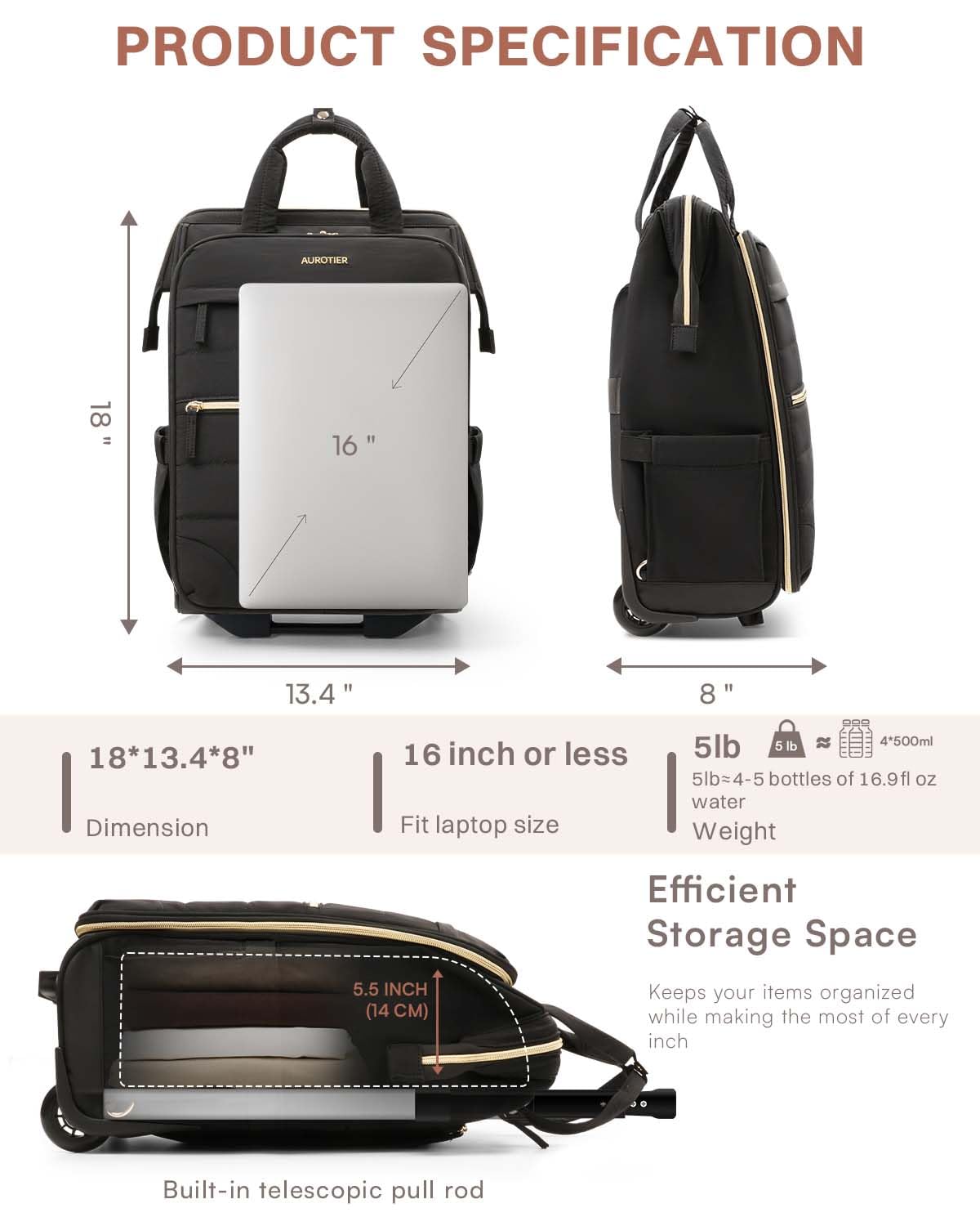Black Rolling Puffer Backpack with Wheels W100849