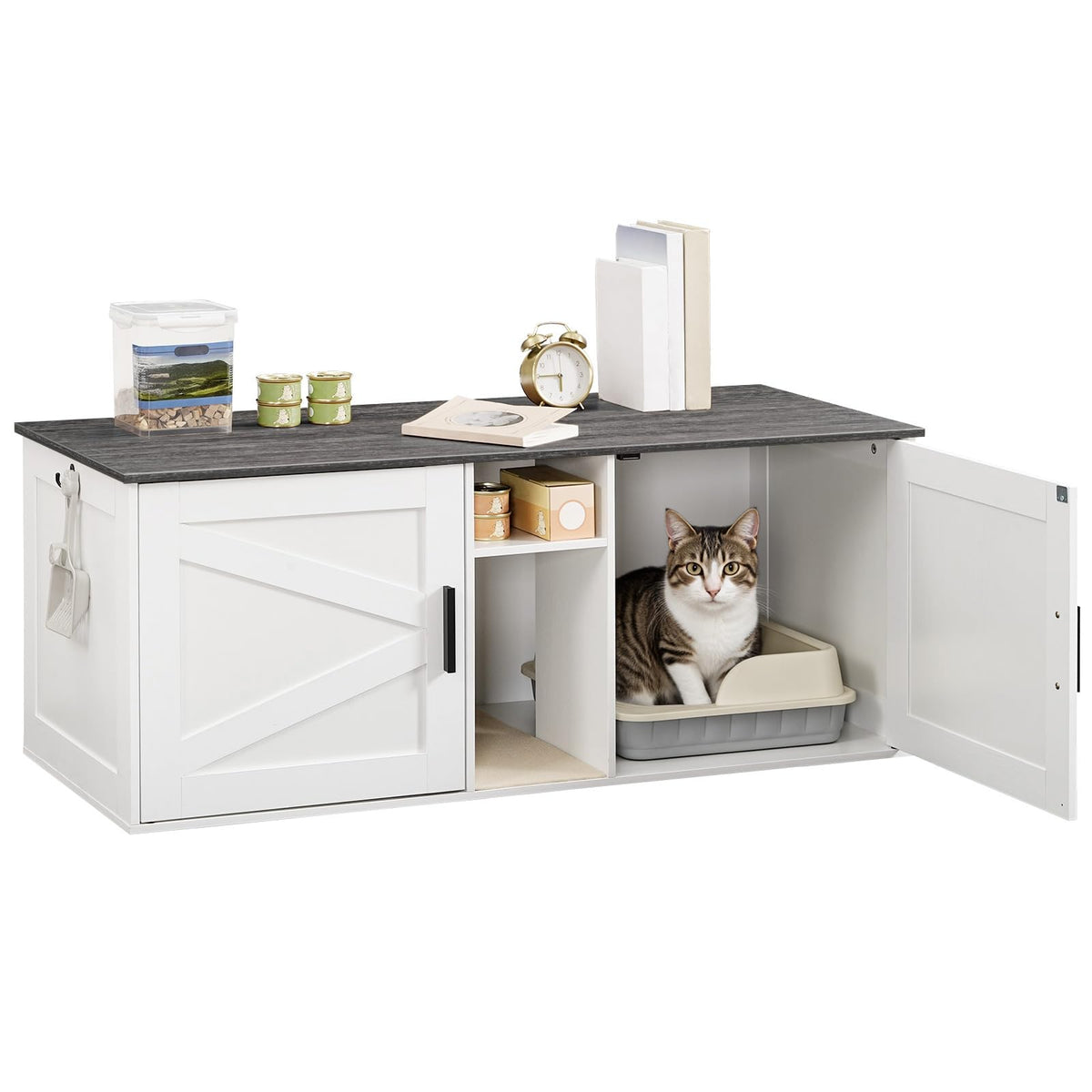 White and Charcoal Gray Cat Litter Box Enclosure J2734
