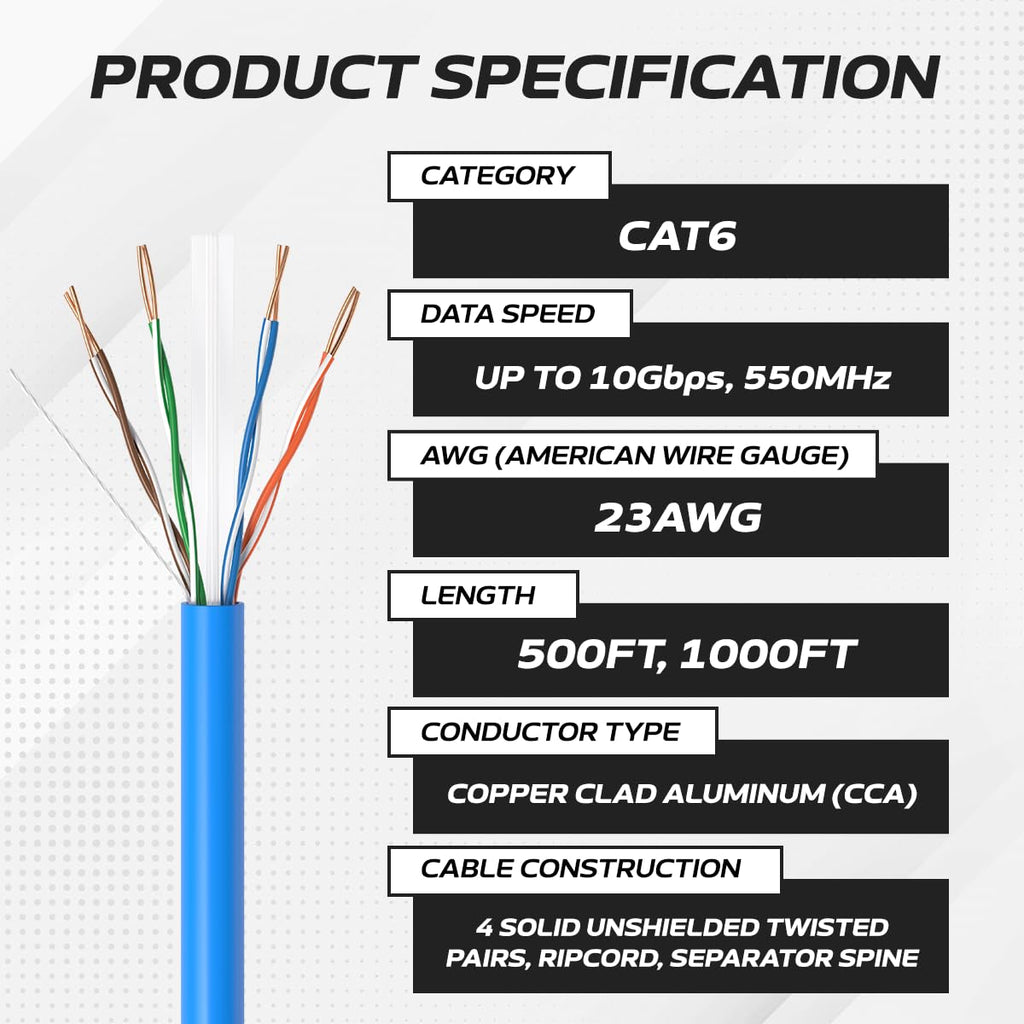 CAT6 Cable 1000ft Solid Ethernet LAN UTP Cable 23AWG 550Mhz RJ45 CCA Wire Blue I49837