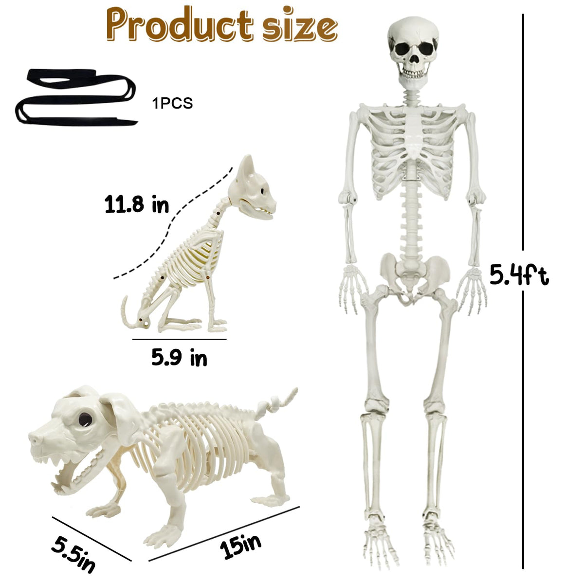 5.4Ft Posable Halloween Skeleton with Dog Cat Skeleton N481290