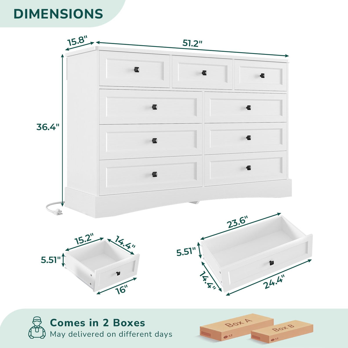 White 9 Drawer Wood Dresser with Charging Station A1191