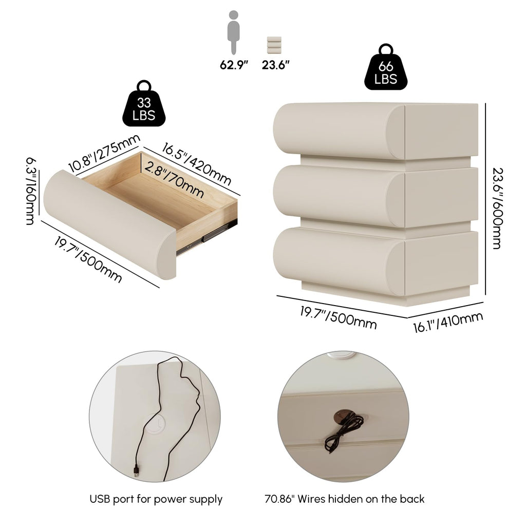 Off White Faux Leather 3 Drawer Nightstand R1247