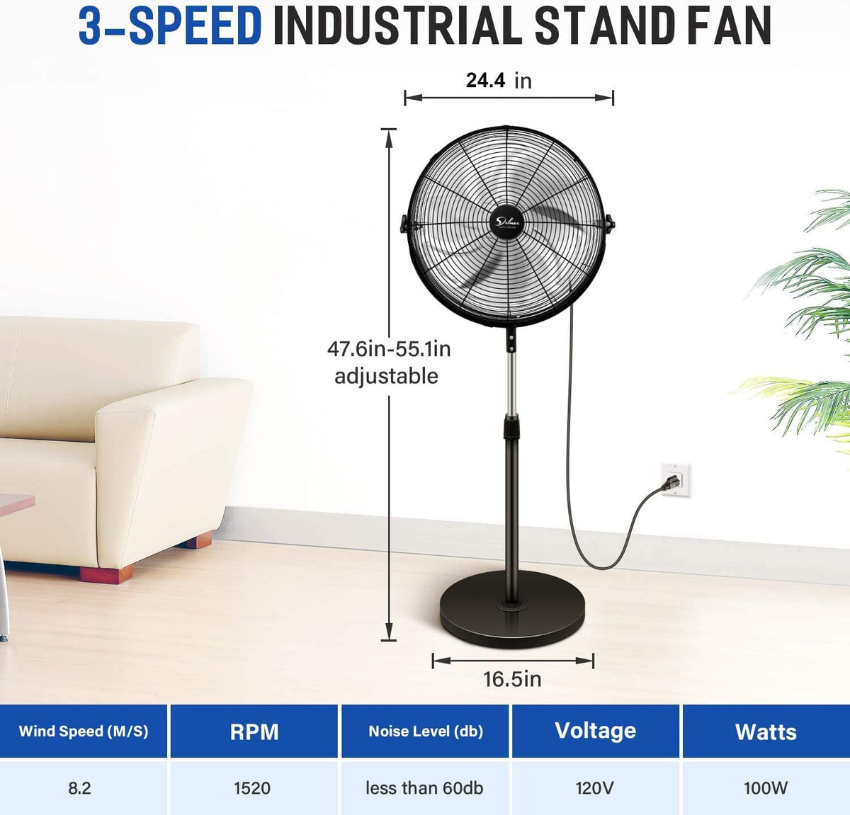 20 Inch 3-Speed High Velocity Metal Pedestal Standing Fan Y586790