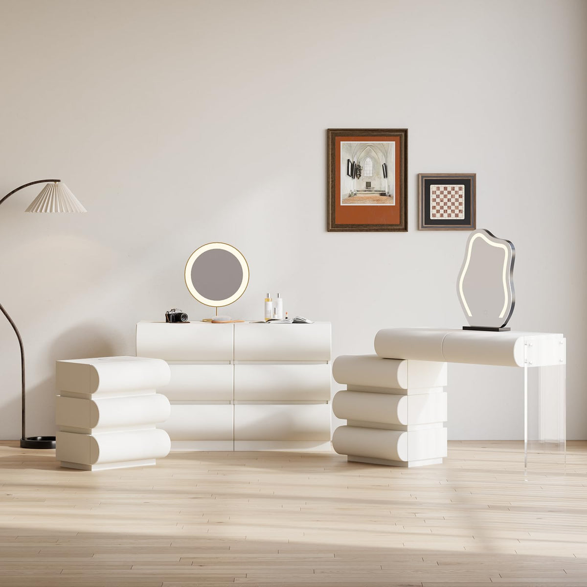 Off White Faux Leather 3 Drawer Nightstand R1247