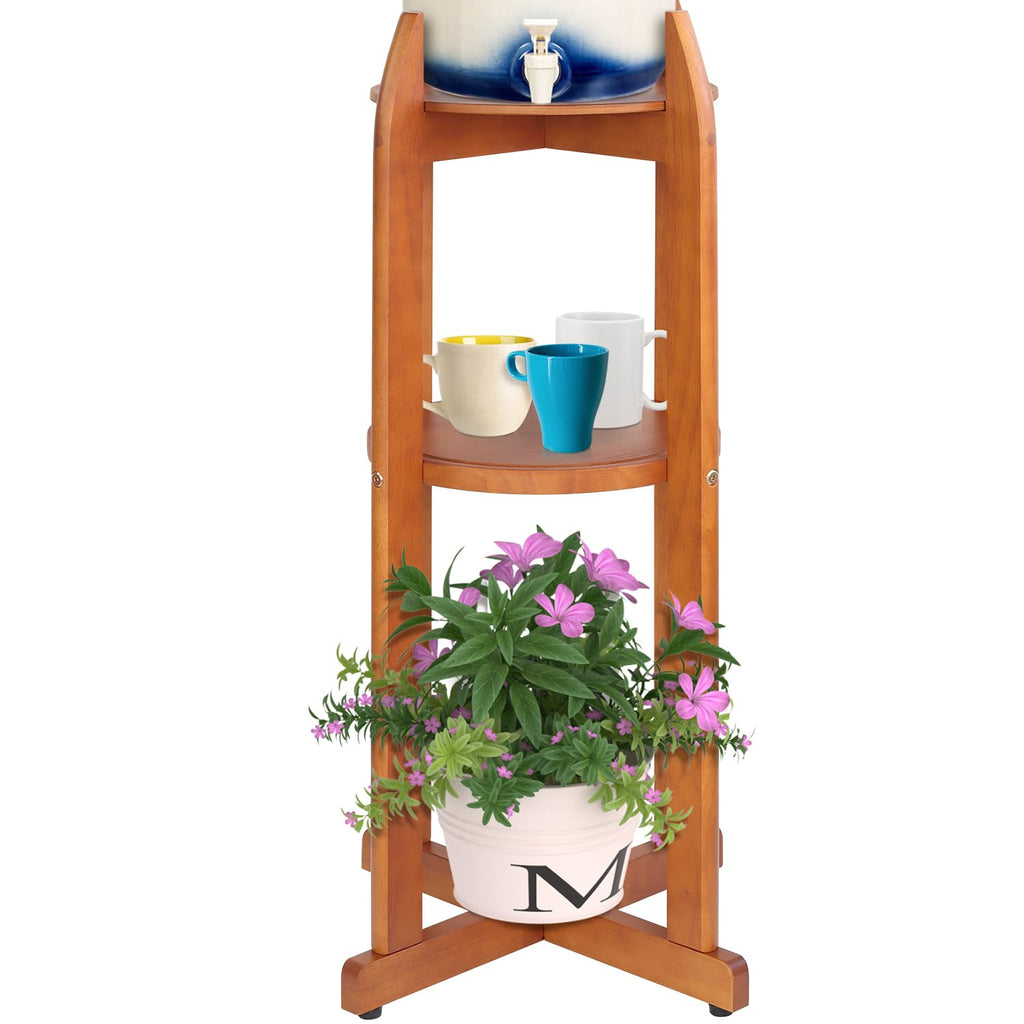 Solid Wood Water Dispenser Floor Stand with 2 Round Shelfs S398528