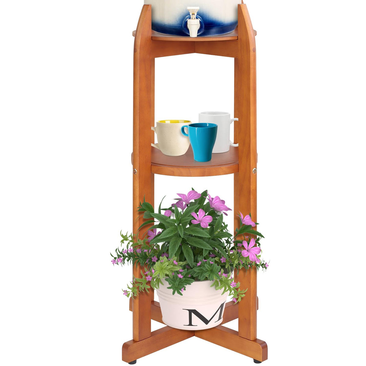 Solid Wood Water Dispenser Floor Stand with 2 Round Shelfs S398528