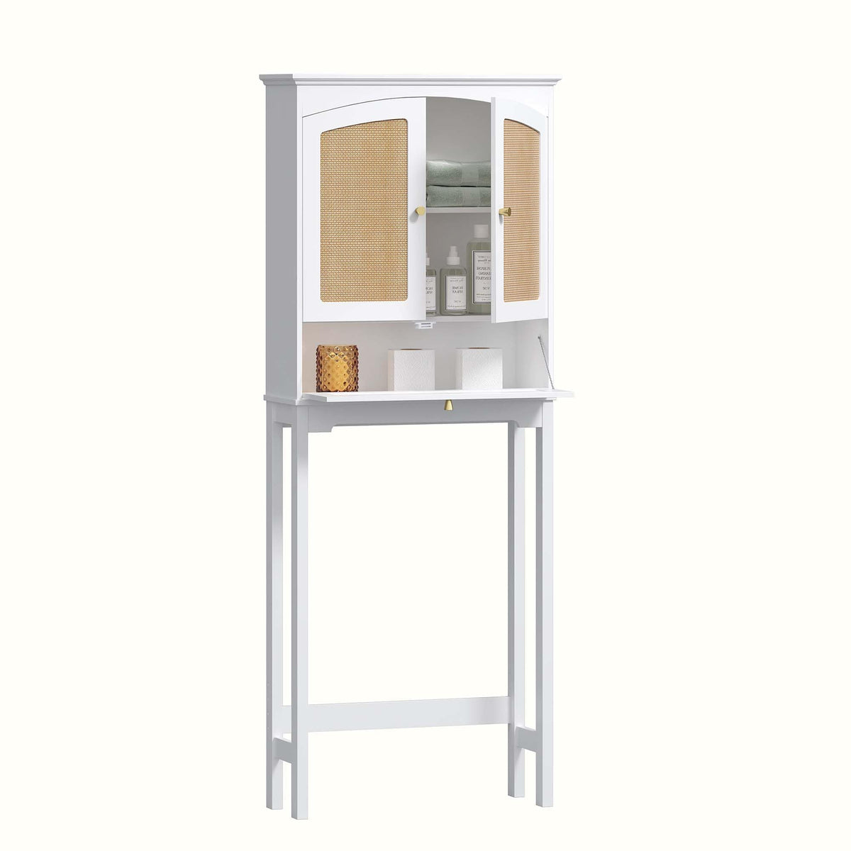 Over the Toilet Storage Cabinet with Arched Rattan Doors, White J813