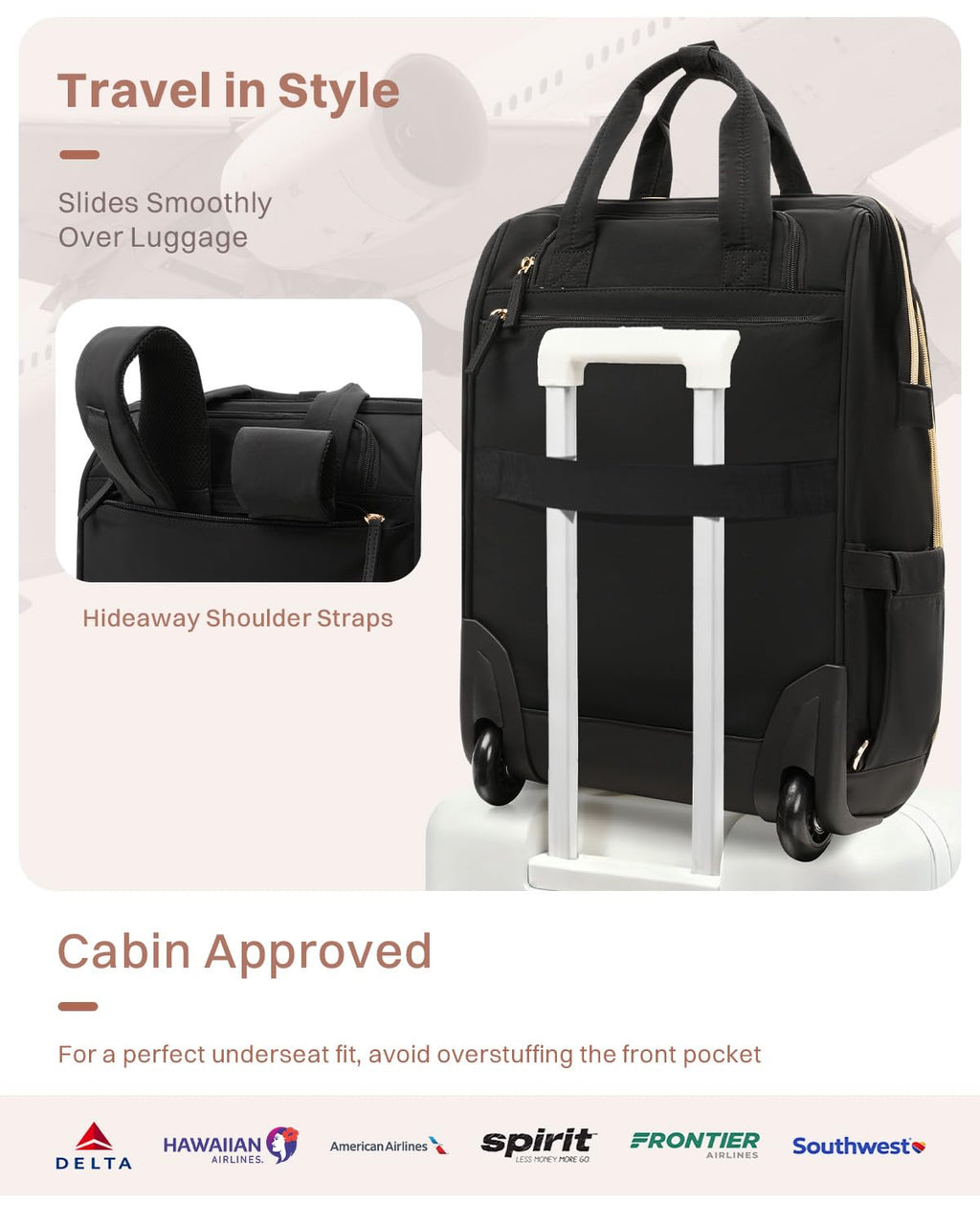 Black Rolling Puffer Backpack with Wheels W100849