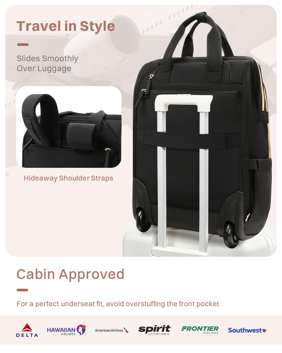 Black Rolling Puffer Backpack with Wheels W100849