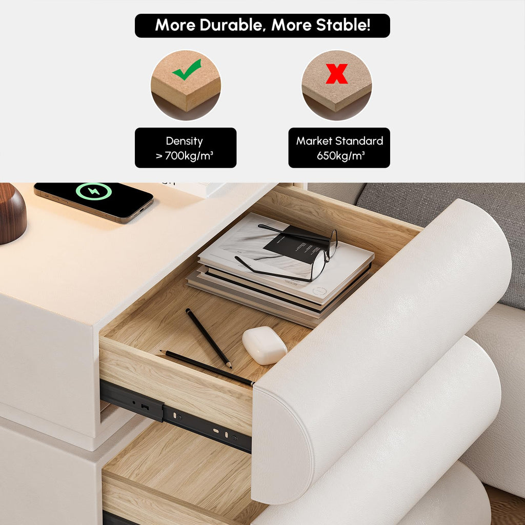 Off White Faux Leather 3 Drawer Nightstand R1247