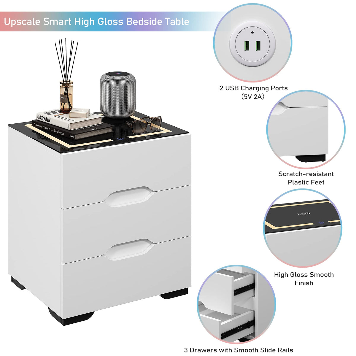 White Smart Nightstand with Wireless Charging Station and 3 Drawers F2317