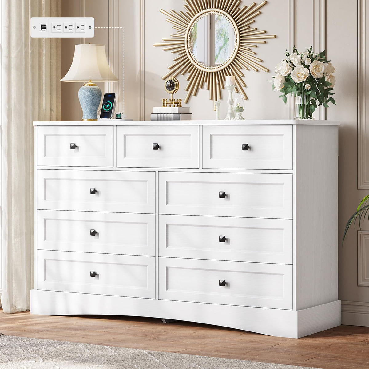 White 9 Drawer Wood Dresser with Charging Station A1191