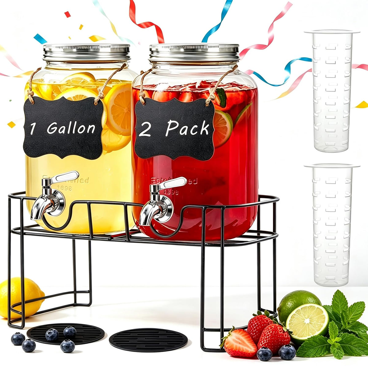1 Gallon Glass Drink Dispenser with Stand, 2 Pack Beverage Dispenser with Spigot B24389