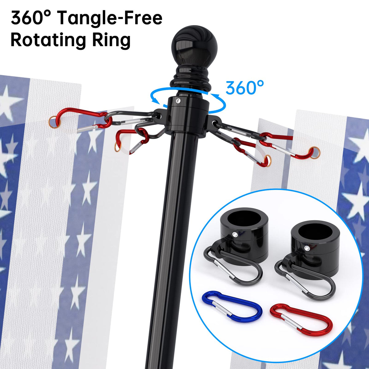 2 Pack 6FT Black Stainless Steel Flag Pole Kit with Solar Light L158