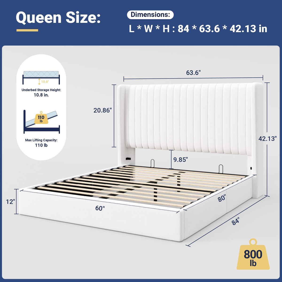 Queen Size Lift Up Storage Bed Frame White A9219