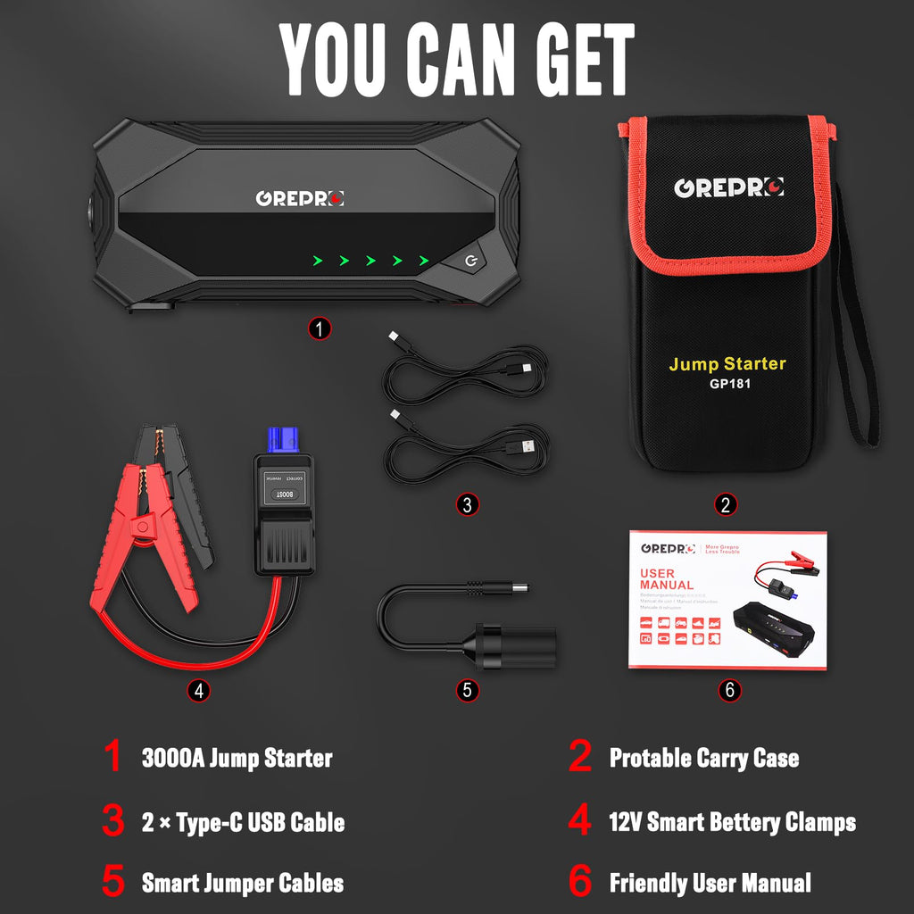 3000A 12V Jump Starter with Jumper Cables and LED Light F9973