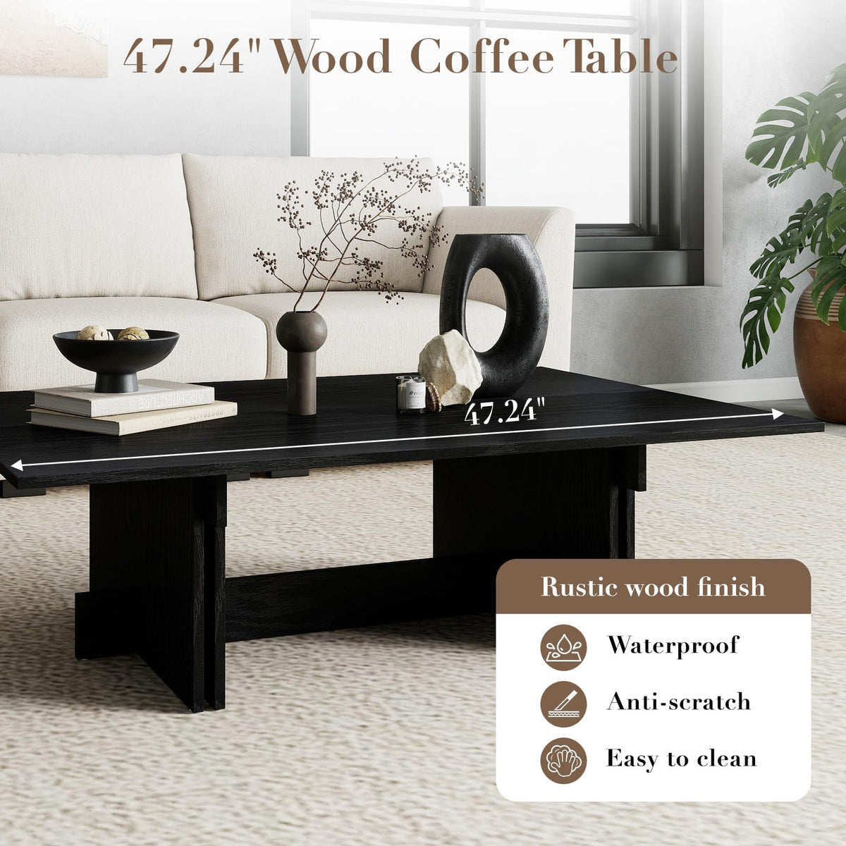 48" Rustic Wood Coffee Table with Geometric Base O51076