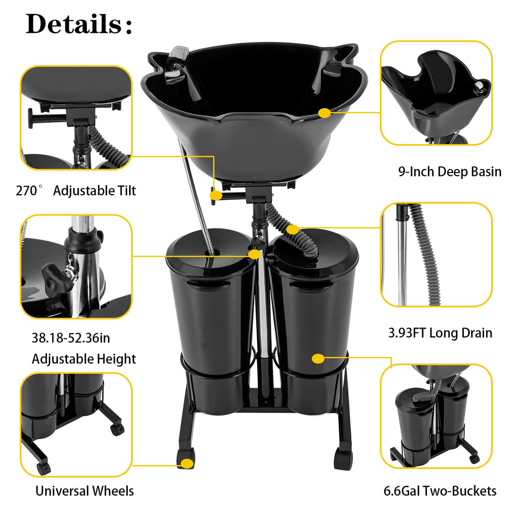 Portable Mobile Shampoo Bowl with Electric Pump, 2 Bucket, Drain Hoses, Height-Adjustable W361570
