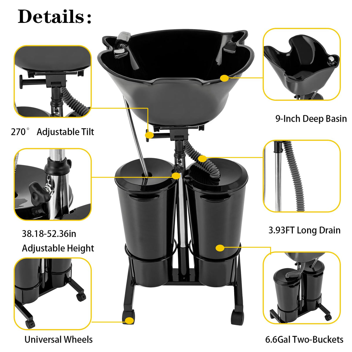 Portable Mobile Shampoo Bowl with Electric Pump, 2 Bucket, Drain Hoses, Height-Adjustable W361570