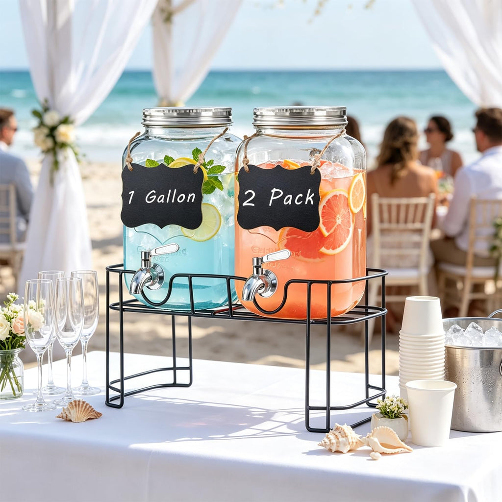 1 Gallon Glass Drink Dispenser with Stand, 2 Pack Beverage Dispenser with Spigot B24389