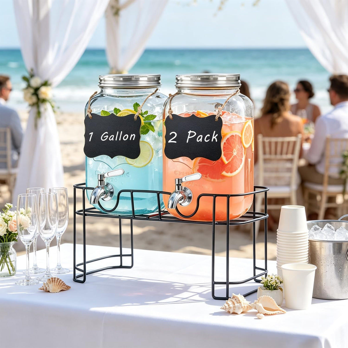 1 Gallon Glass Drink Dispenser with Stand, 2 Pack Beverage Dispenser with Spigot B24389