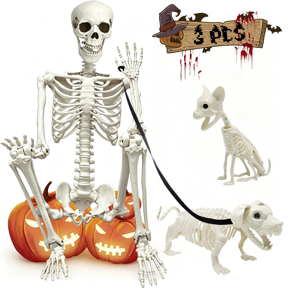5.4Ft Posable Halloween Skeleton with Dog Cat Skeleton N481290