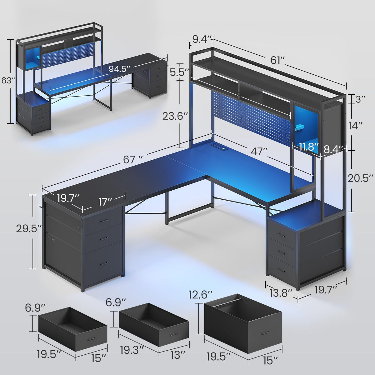 L Shaped Gaming Desk with 6 Drawers Q2291