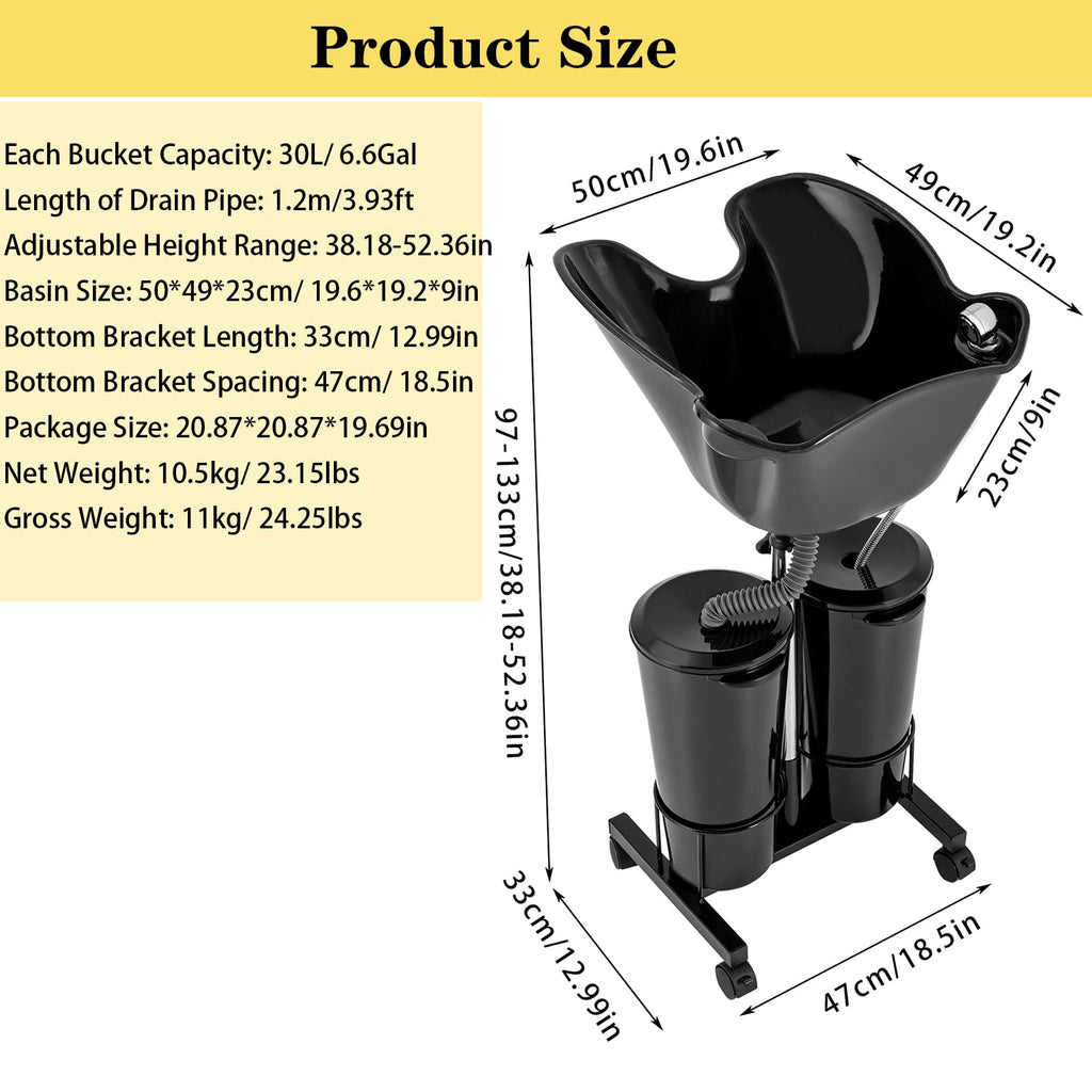 Portable Mobile Shampoo Bowl with Electric Pump, 2 Bucket, Drain Hoses, Height-Adjustable W361570