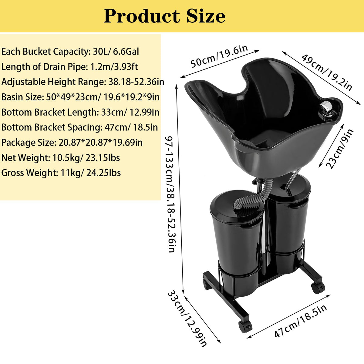 Portable Mobile Shampoo Bowl with Electric Pump, 2 Bucket, Drain Hoses, Height-Adjustable W361570