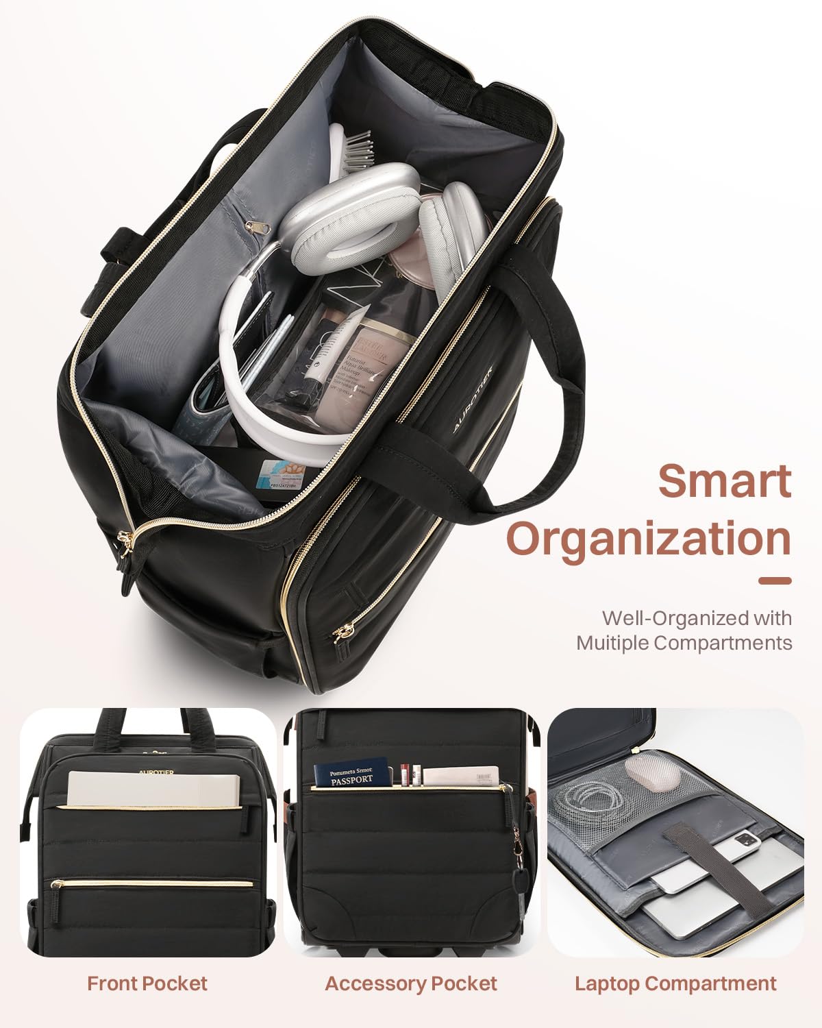 Black Rolling Puffer Backpack with Wheels W100849