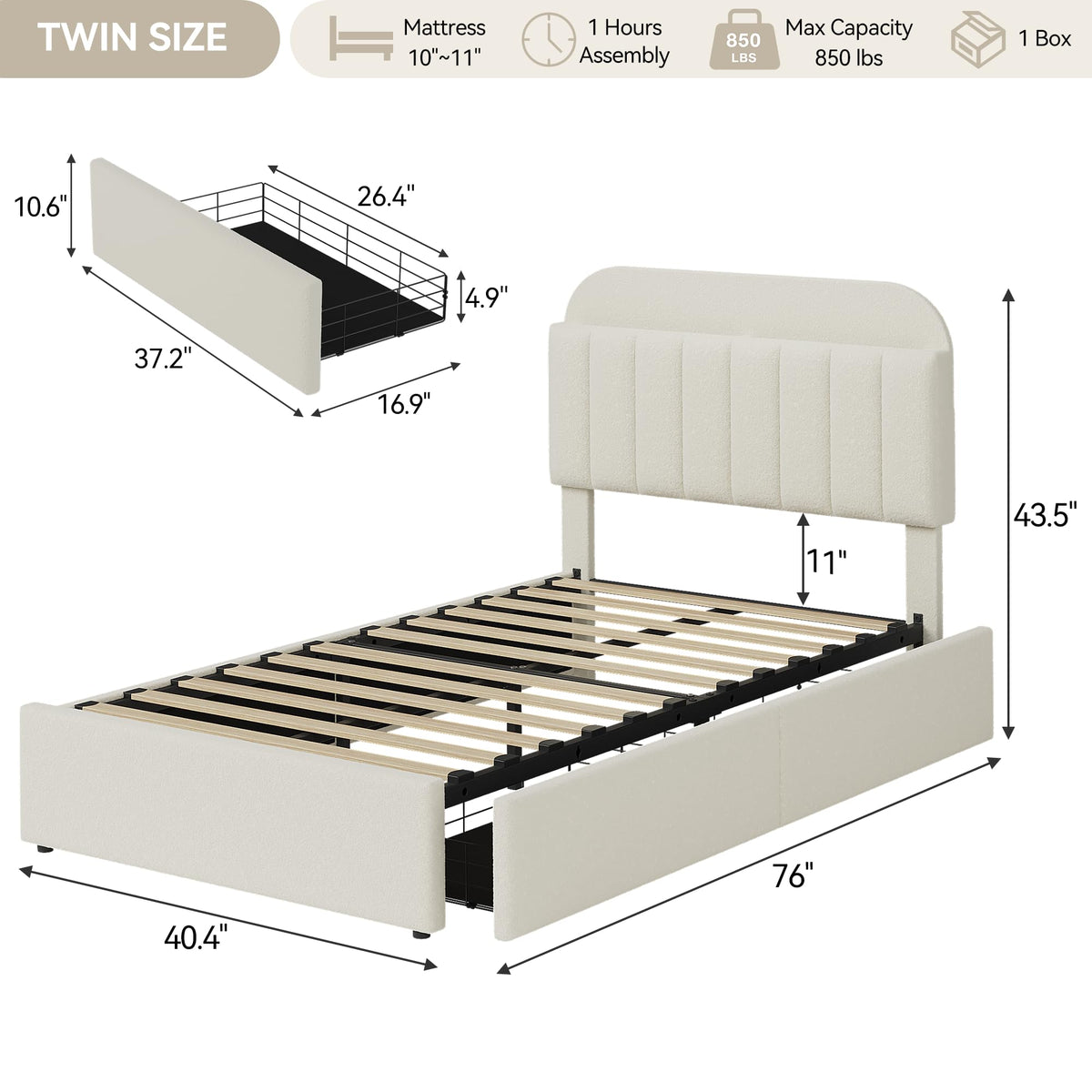 Twin Platform Bed with Storage Headboard & Drawers O51551