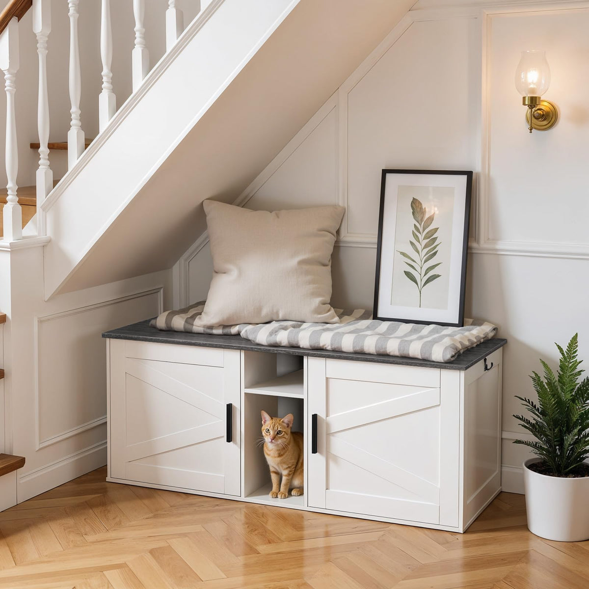 White and Charcoal Gray Cat Litter Box Enclosure J2734