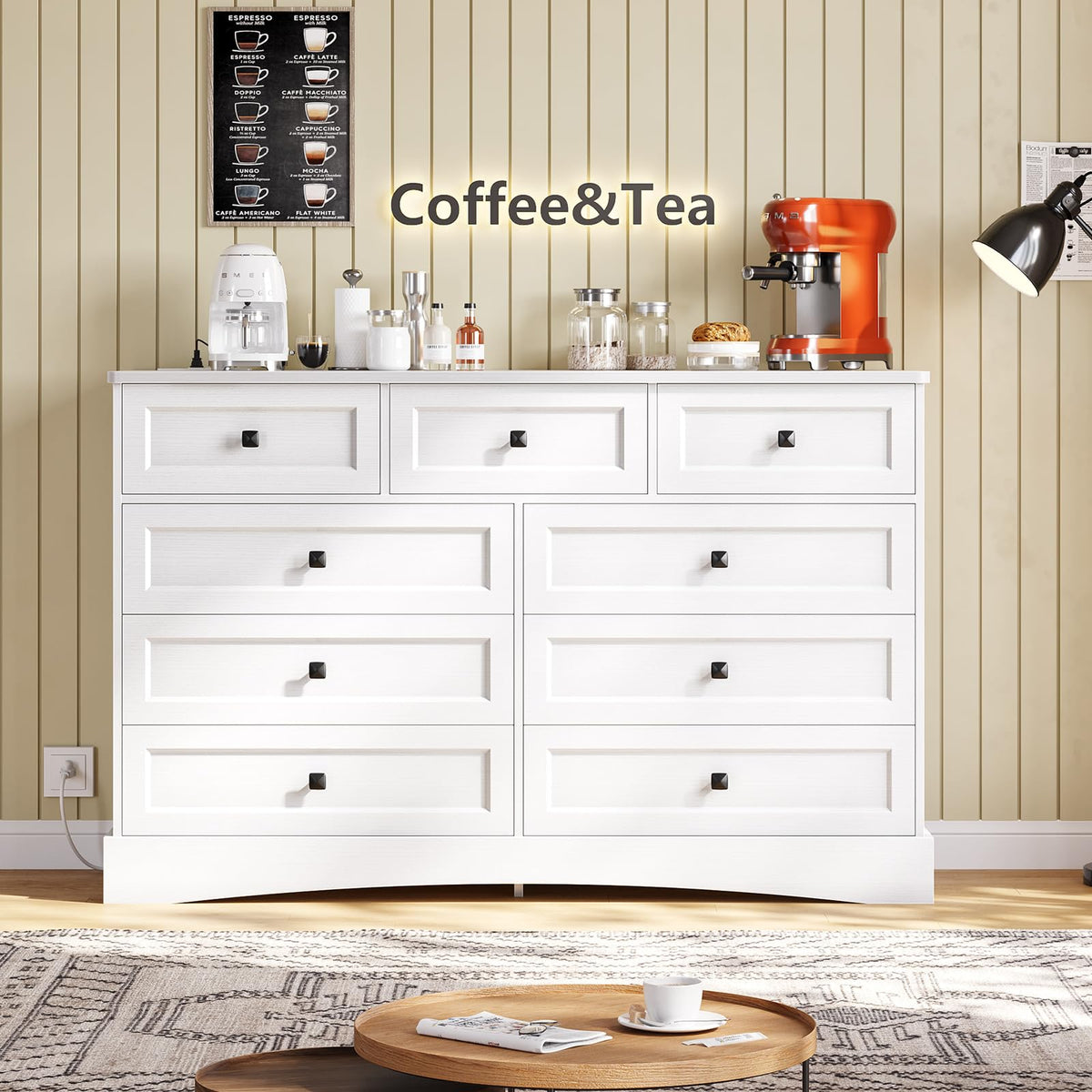 White 9 Drawer Wood Dresser with Charging Station A1191
