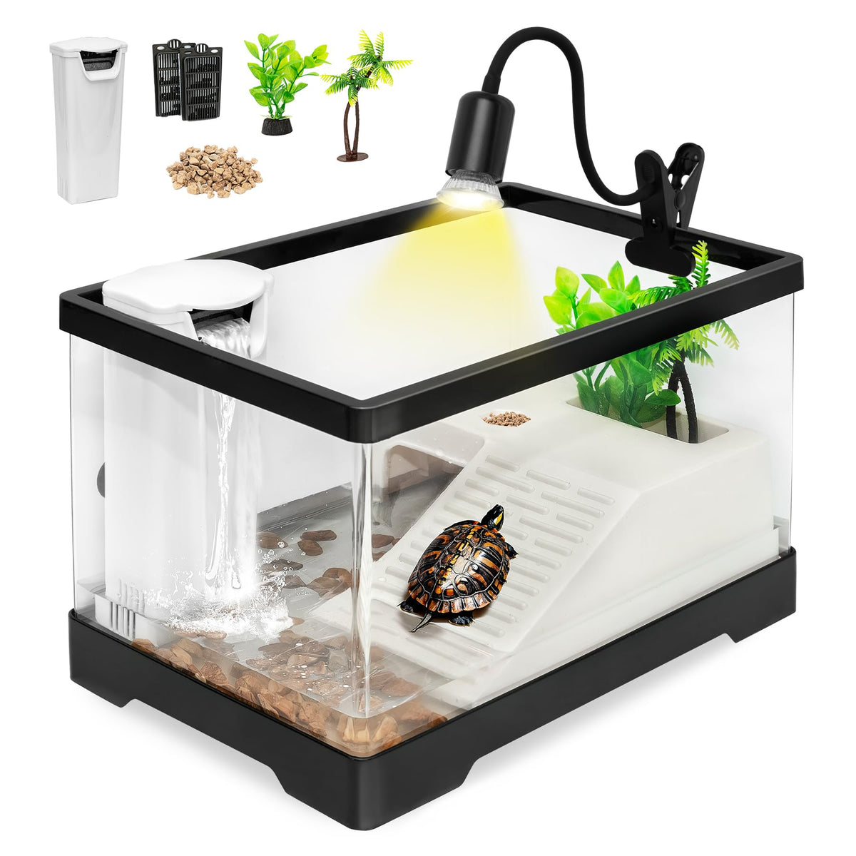 Turtle Tank Kit with Heat Lamp, Filter, UVB Lamp, Plants, Basking Platform A65631
