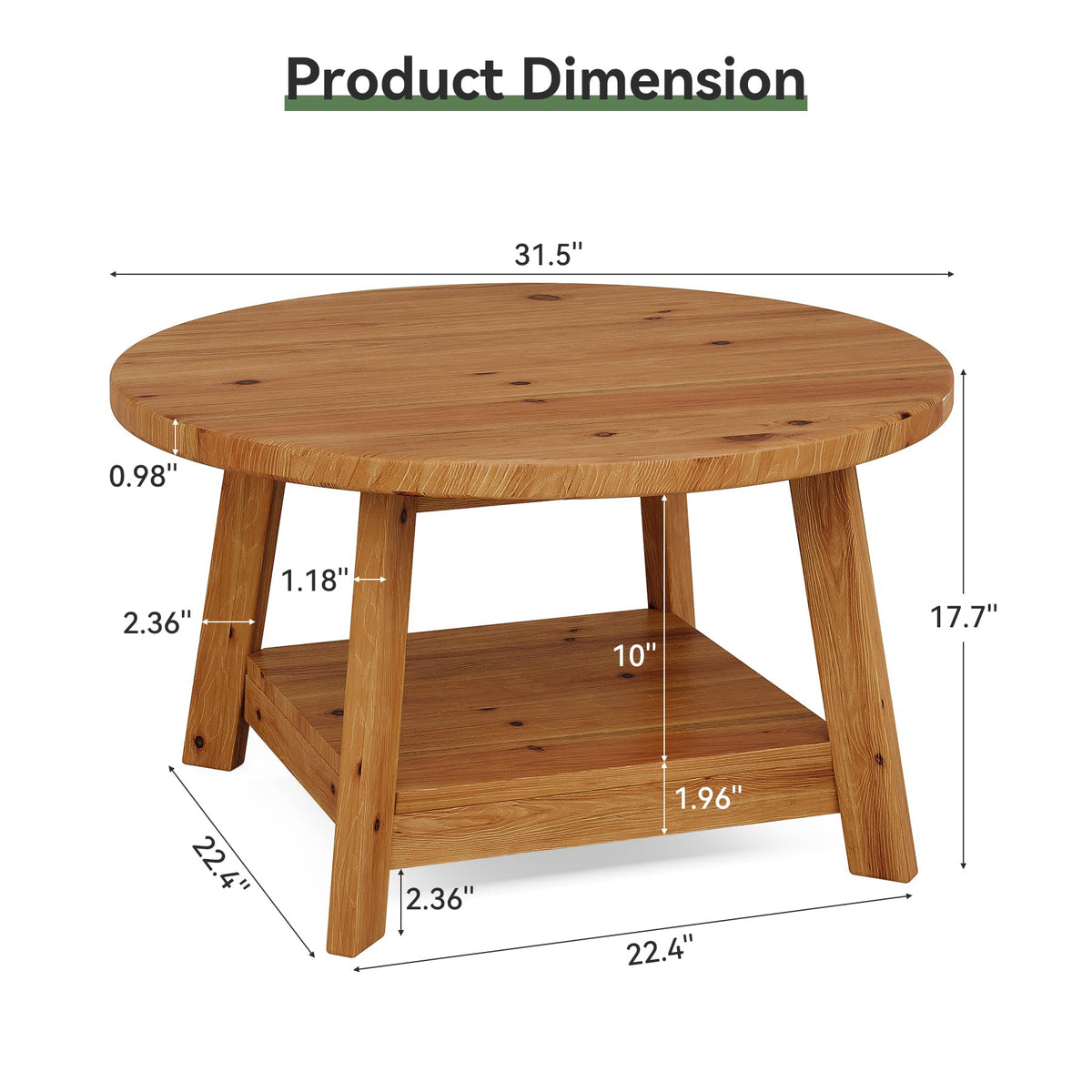 Solid Wood Round 2-Tier Coffee Table with Storage Shelf V35874