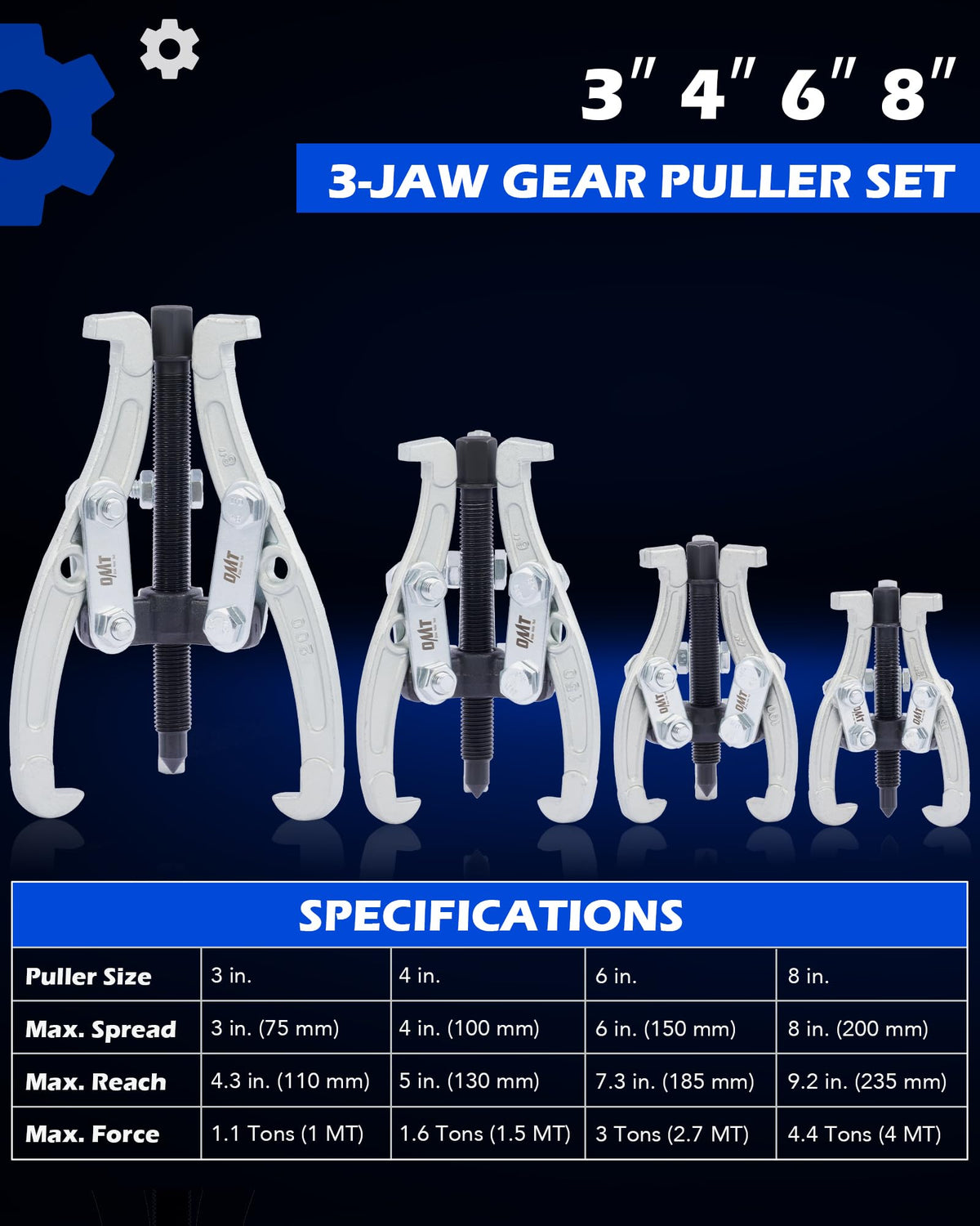 3" 4" 6" 8" 3 Jaw Gear Puller Set with Reversible Jaws D84854