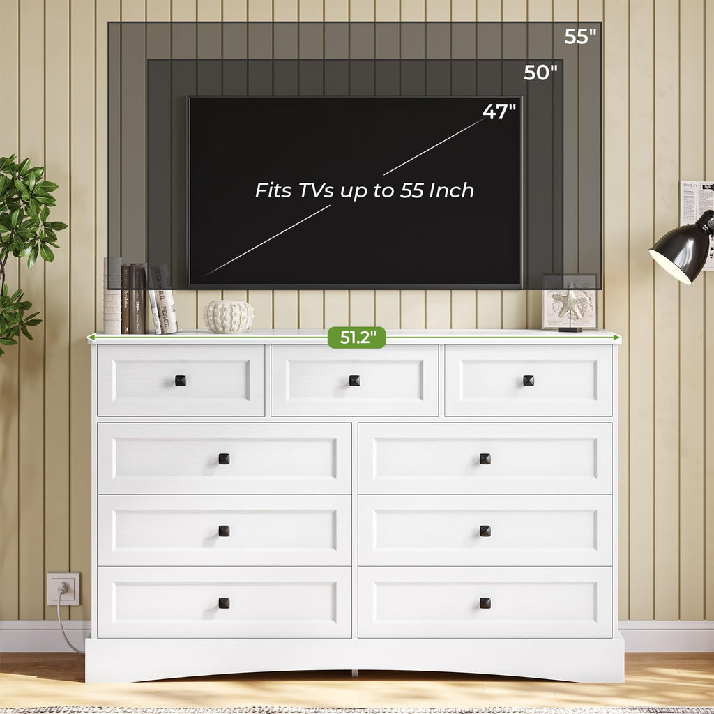 White 9 Drawer Wood Dresser with Charging Station A1191