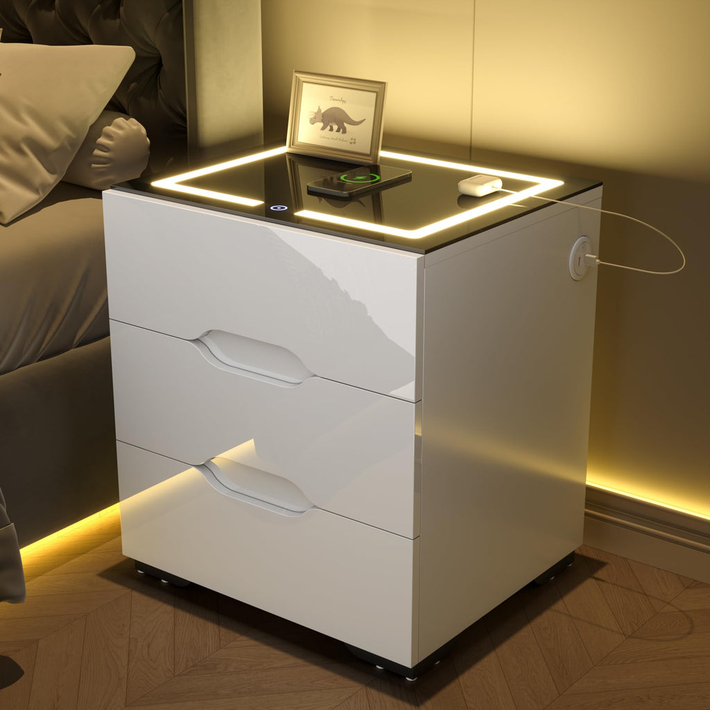 White Smart Nightstand with Wireless Charging Station and 3 Drawers F2317