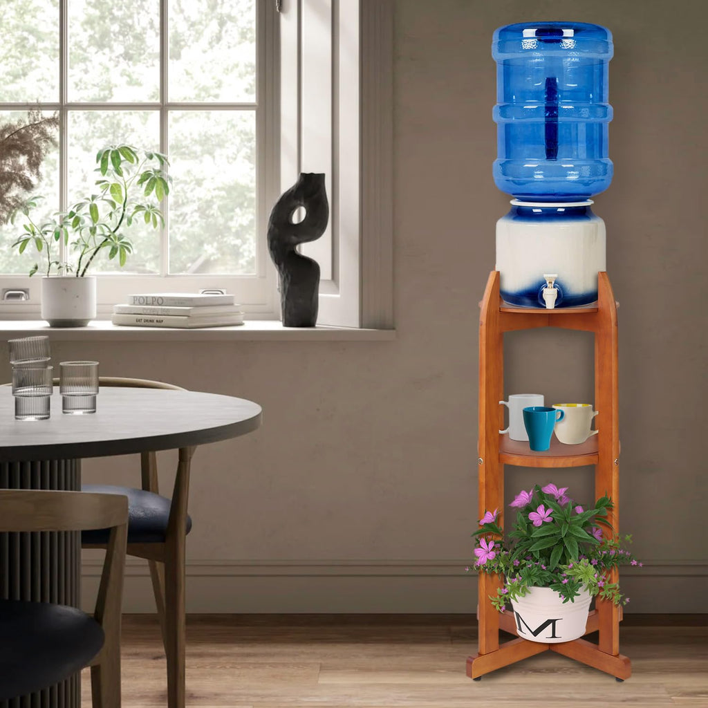 Solid Wood Water Dispenser Floor Stand with 2 Round Shelfs S398528