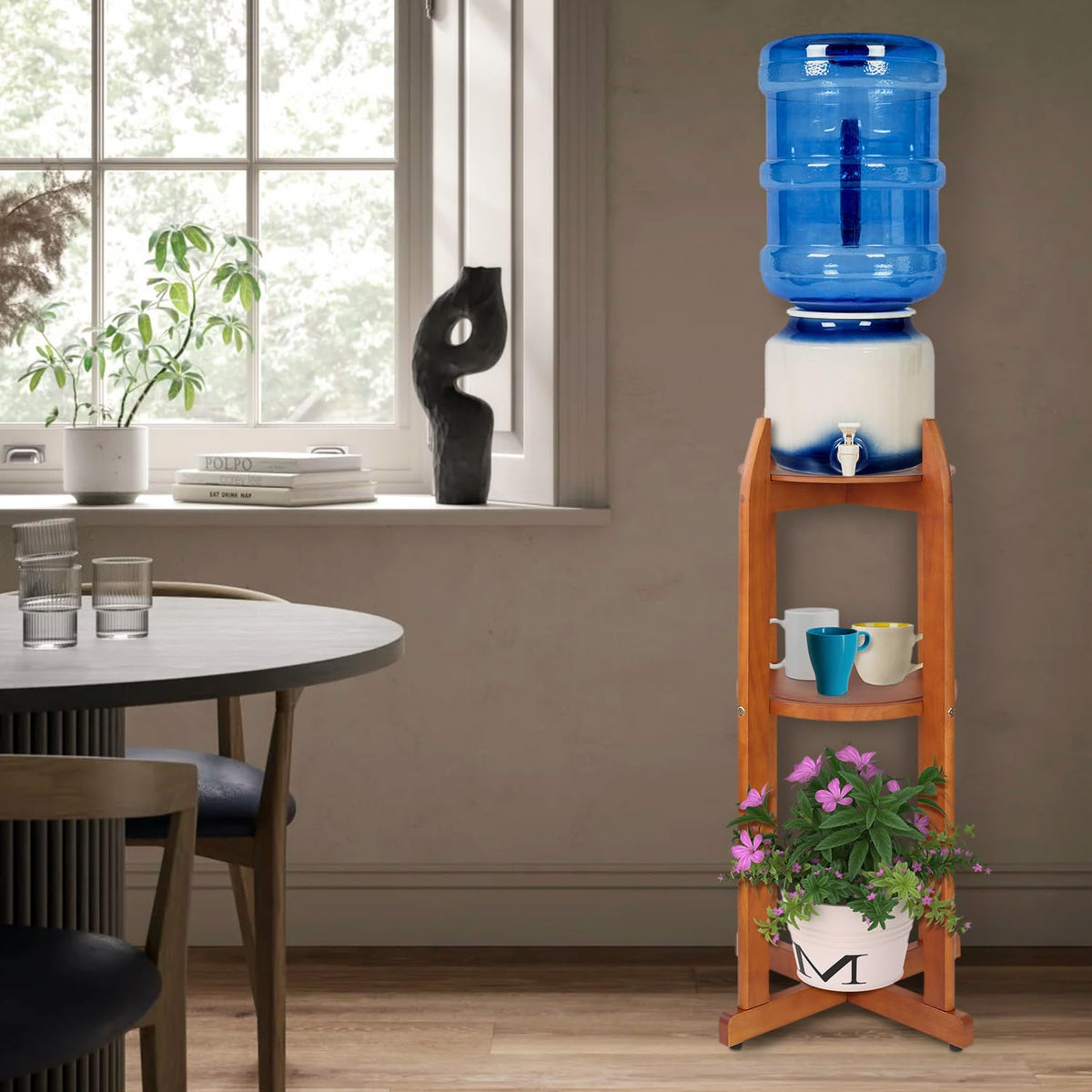 Solid Wood Water Dispenser Floor Stand with 2 Round Shelfs S398528