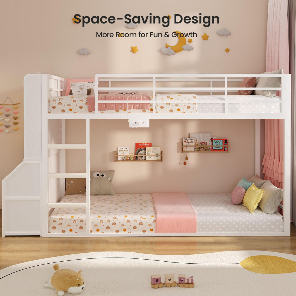Twin Over Twin Bunk Bed with Bookshelf and Drawers I492