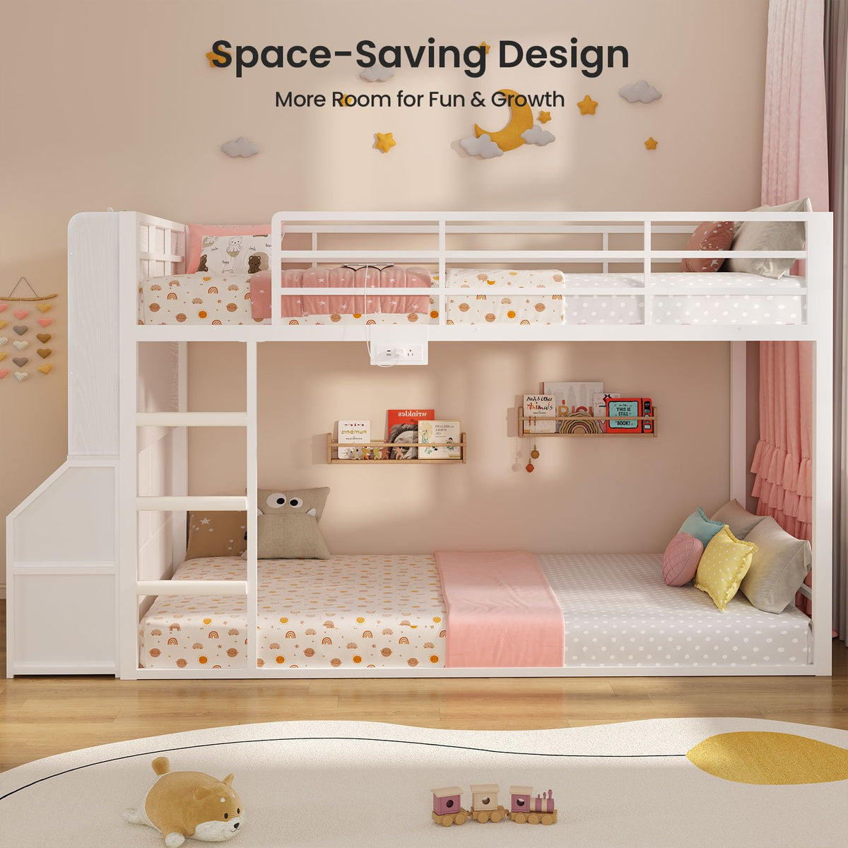 Twin Over Twin Bunk Bed with Bookshelf and Drawers I492