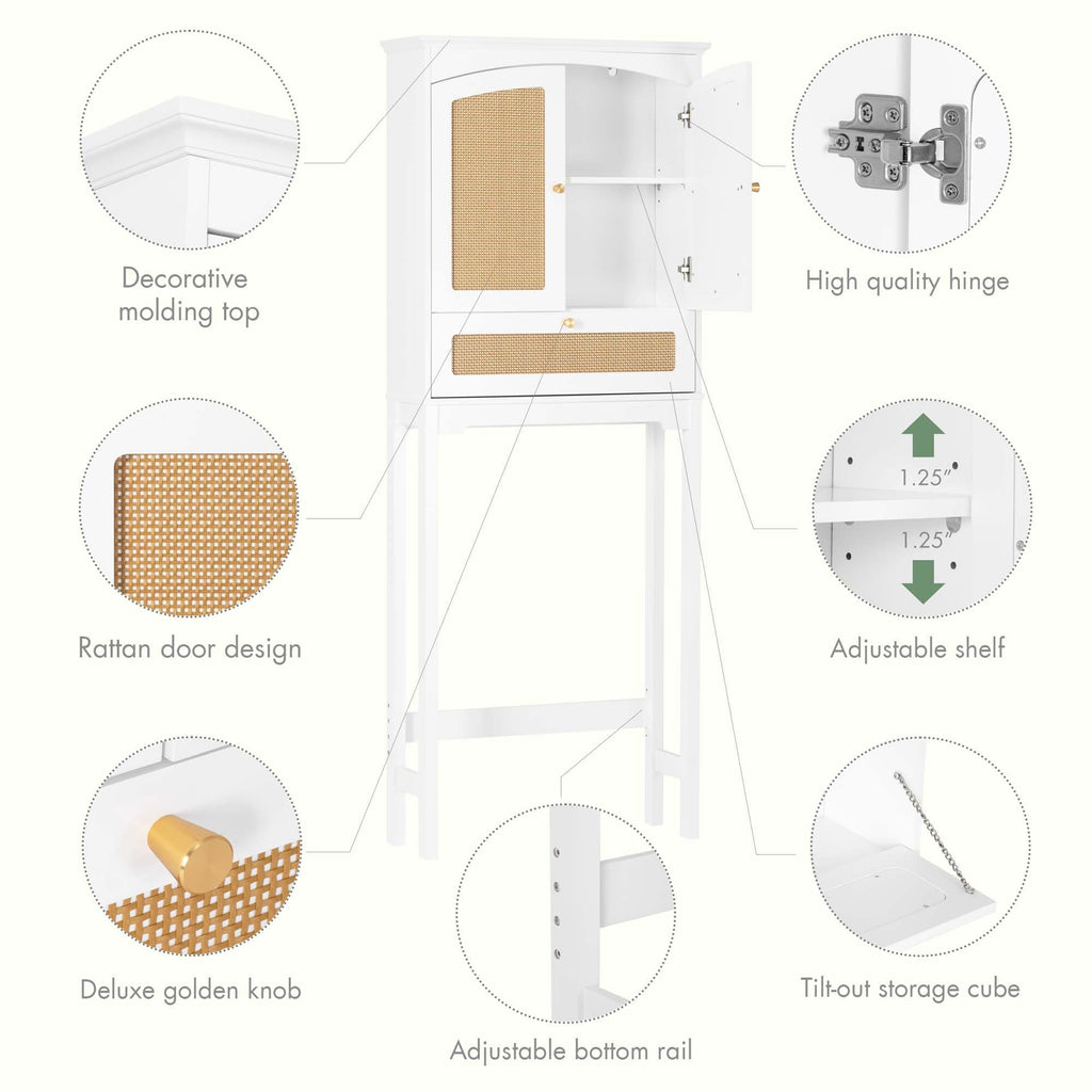 Over the Toilet Storage Cabinet with Arched Rattan Doors, White J813