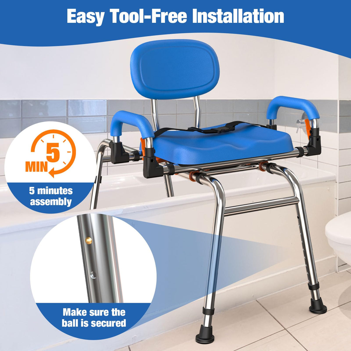 Sliding Shower Chair with 360° Swivel Seat and Adjustable Height S361