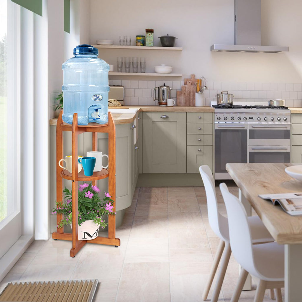 Solid Wood Water Dispenser Floor Stand with 2 Round Shelfs S398528