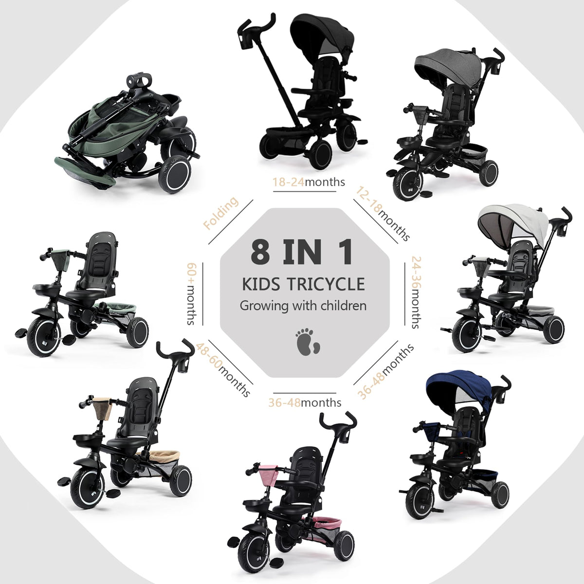8 in 1 Toddler Tricycle with Push Handle S845