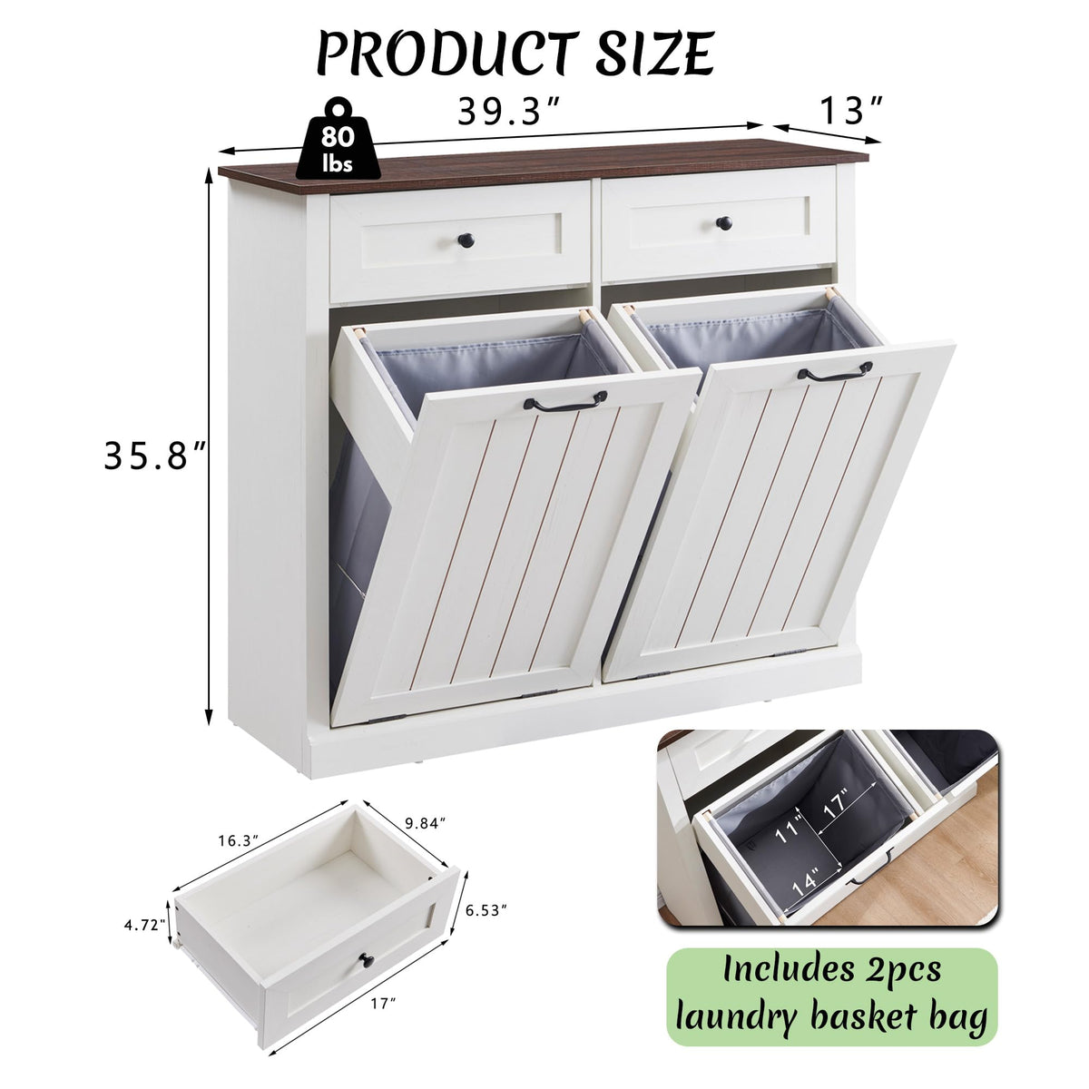 Double Tilt Out Laundry Hamper Cabinet Antique White Z994058